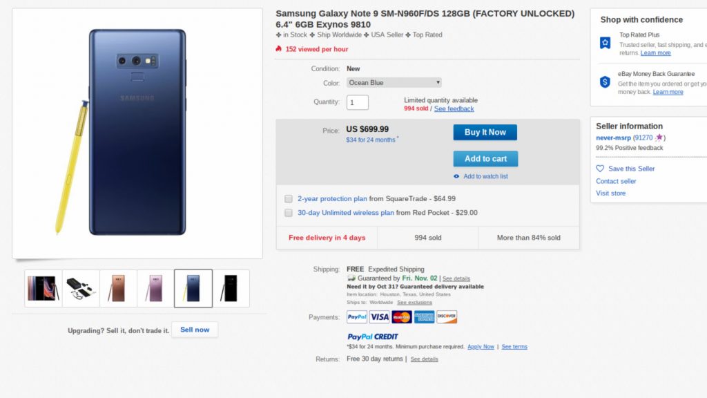 Galaxy Note 9 oferta Ebay